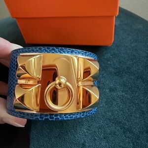 Hermes Collier De Chien Lizard skin Blue Bracelet with Rose Gold metal